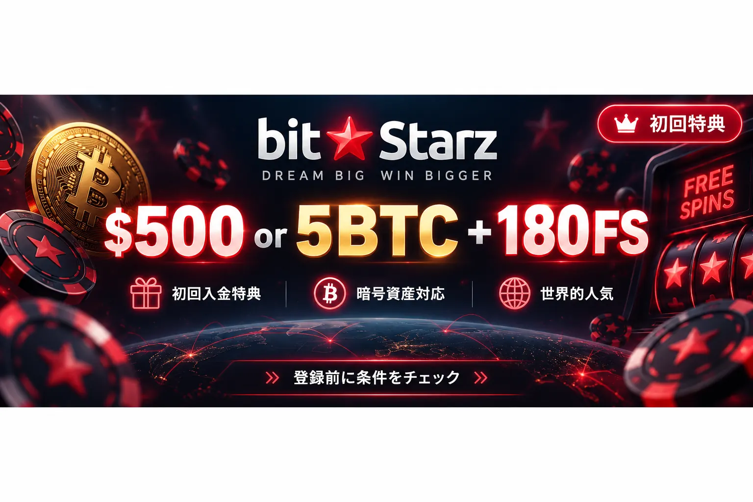 BitStarz $500 or 5BTC＋180FS 初回特典バナー